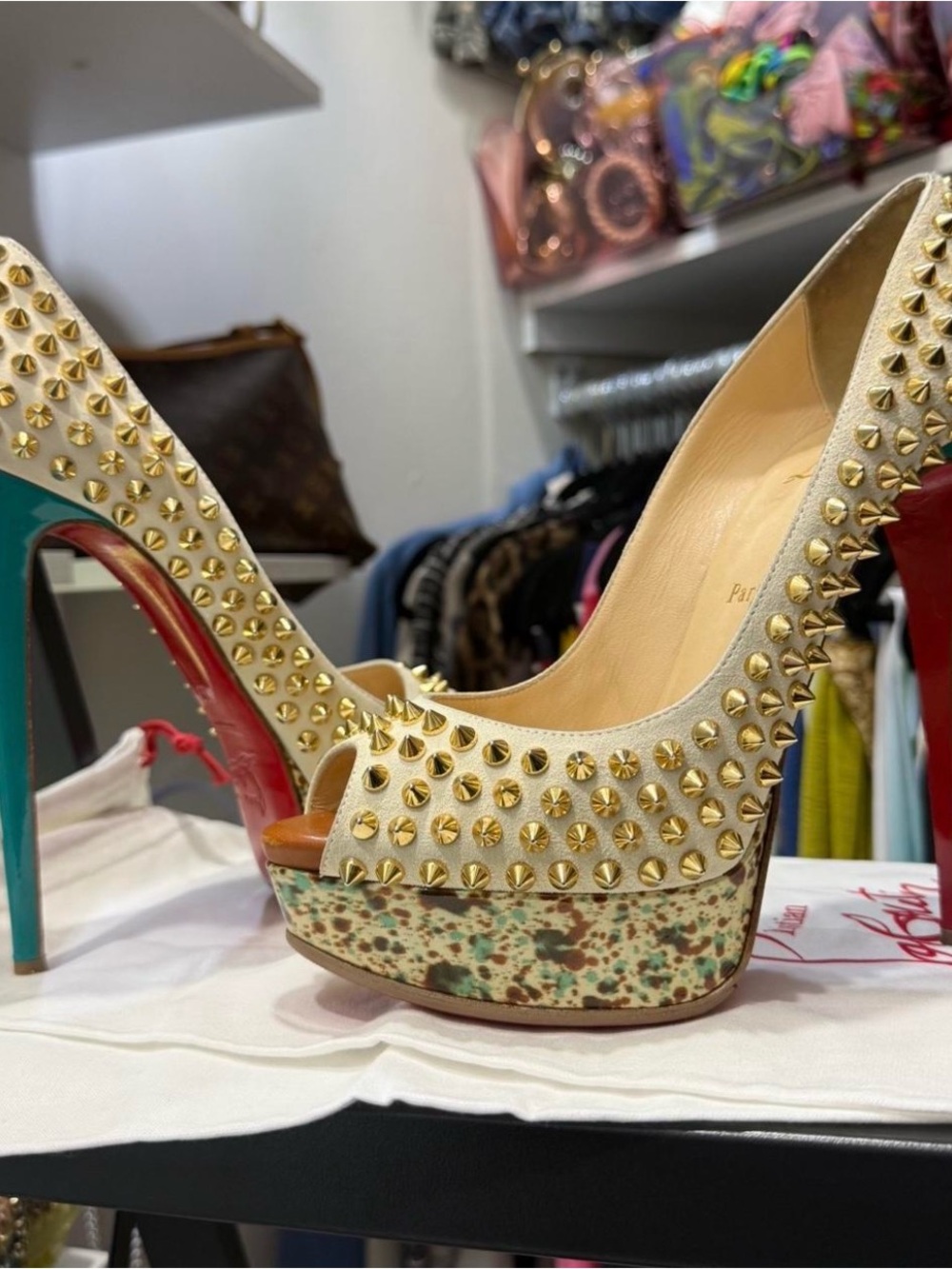 Christian Louboutin Studded Ivory Platform Peep-Toe High Heels